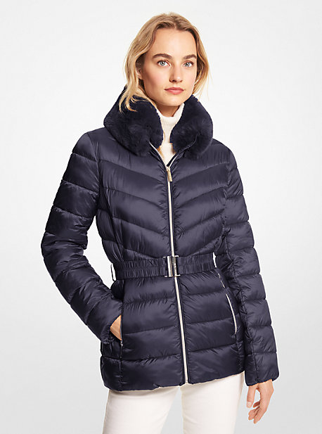 Michael Kors Faux Fur Trim Quilted Nylon Packable Puffer Jacket In Blue