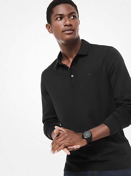 MK Cotton Long-Sleeve Polo Shirt - Black - Michael Kors