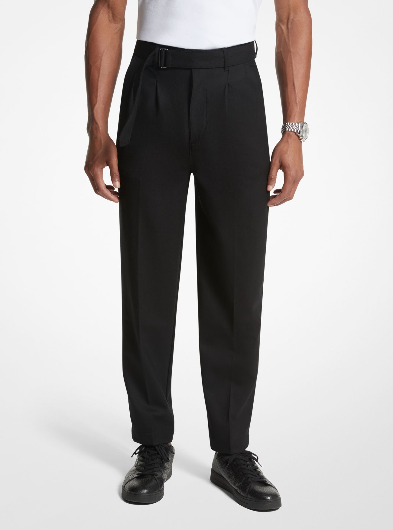 MK Stretch Wool Flannel Belted Trousers - Black - Michael Kors