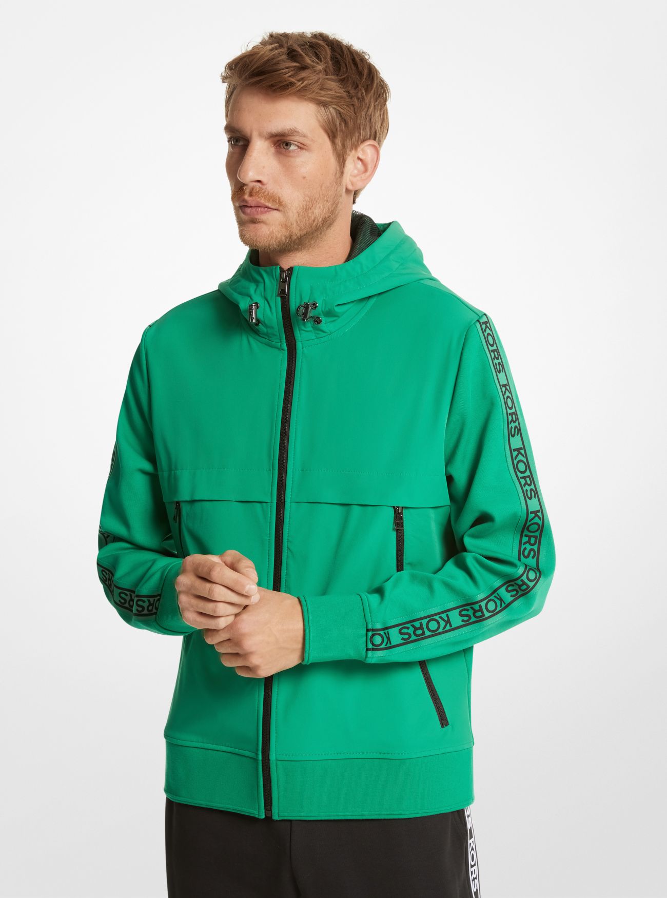 MK Logo Tape Cotton Blend Zip-Up Hoodie - Bright Jewel Green - Michael Kors