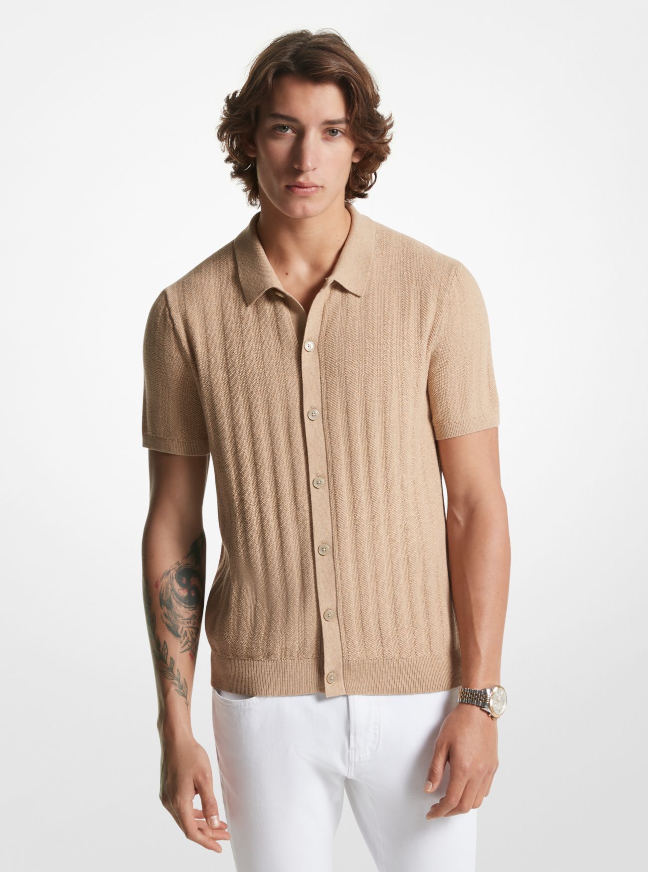 MK Textured Cotton Blend Shirt - Khaki Melange - Michael Kors