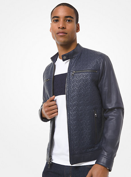 Veste de motard en cuir à relief avec logo - BLEU DE MINUIT(BLEU) - Michael Kors