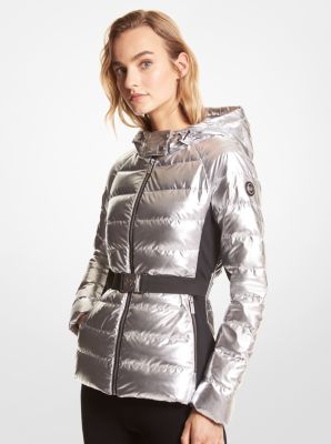 Michael Kors Belted Metallic Puffer Jacket In Silver