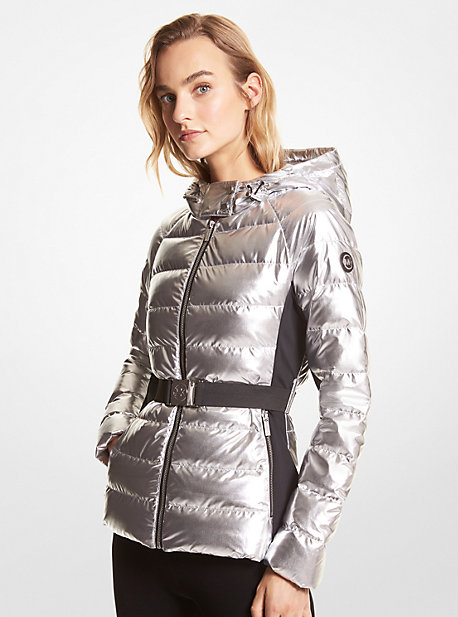 Michael Kors Belted Metallic Puffer Jacket In Silver