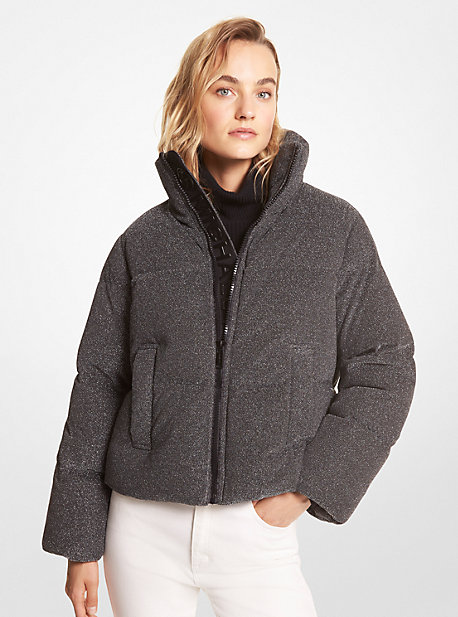 Michael Kors Quilted Metallic Knit Puffer Jacket In Silver