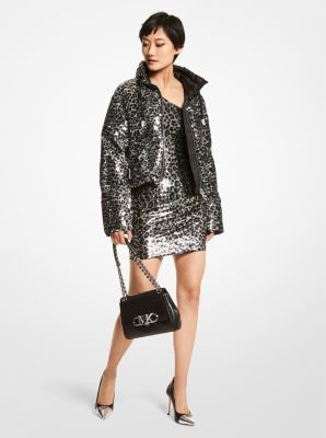 Michael Kors Leopard Sequined Cropped Puffer Jacket In Black