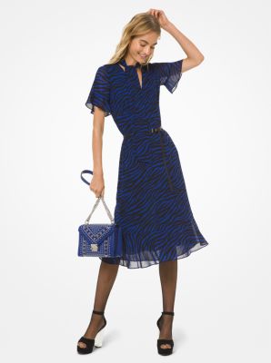 Robe en crêpe georgette à col lavallière et imprimé tigré - BLACK/TWILIGHT BLUE - Michael Kors