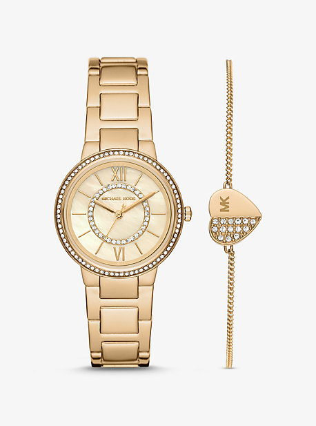 Michael Kors Mini Gabbi Pavé Gold-tone Watch And Heart Bracelet Set