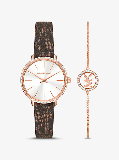 MK Pyper Logo and Rose Gold-Tone Watch and Bracelet Set - Brown - Michael Kors