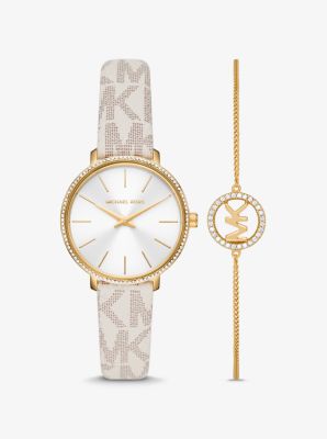 MK Pyper Logo and Gold-Tone Watch and Bracelet Set - Vanilla - Michael Kors