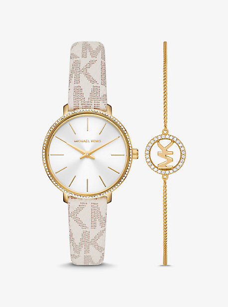 MK Pyper Logo and Gold-Tone Watch and Bracelet Set - Vanilla - Michael Kors