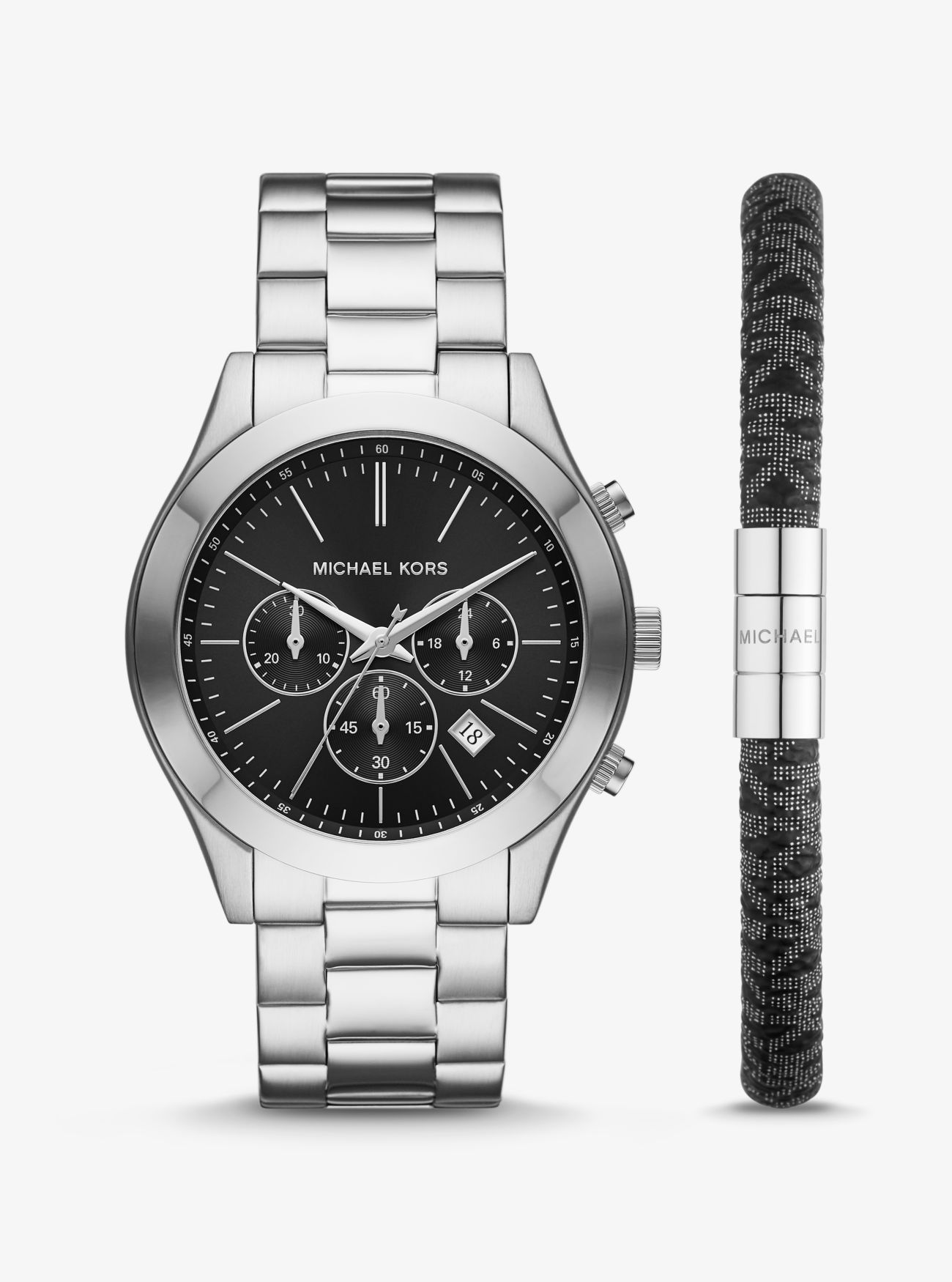MK Oversized Slim Runway SilverTone Watch And Logo Bracelet Set