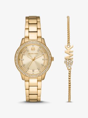 Michael Kors Mini Tibby Gold-tone Pavé Watch And Bracelet Gift Set