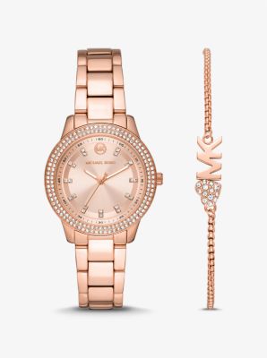 Michael Kors Mini Tibby Rose Gold-tone Pavé Watch And Bracelet Gift Set