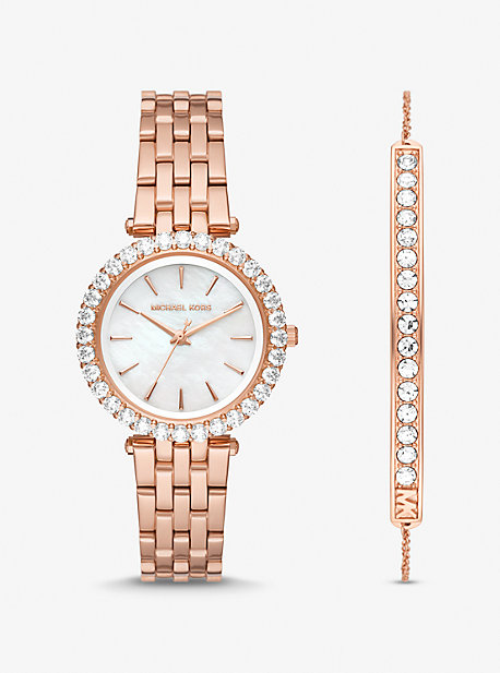 MK Mini Darci Pave Rose Gold-Tone Watch and Bracelet Gift Set - Rose Gold - Michael Kors