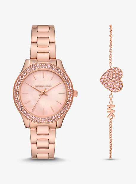 MK Liliane Pavé Rose Gold-Tone Watch and Bracelet Gift Set - Rose Gold - Michael Kors