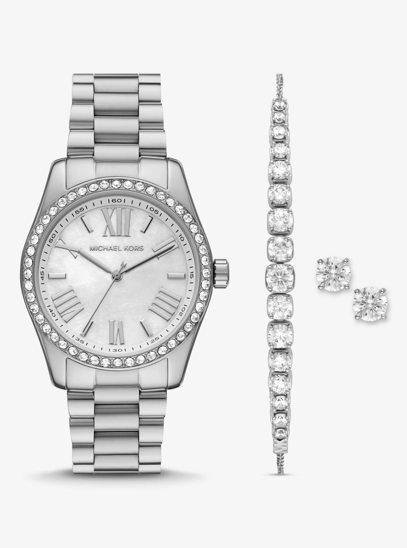 MK Lexington Pavé Silver-Tone Watch and Bracelet Set - Silver - Michael Kors