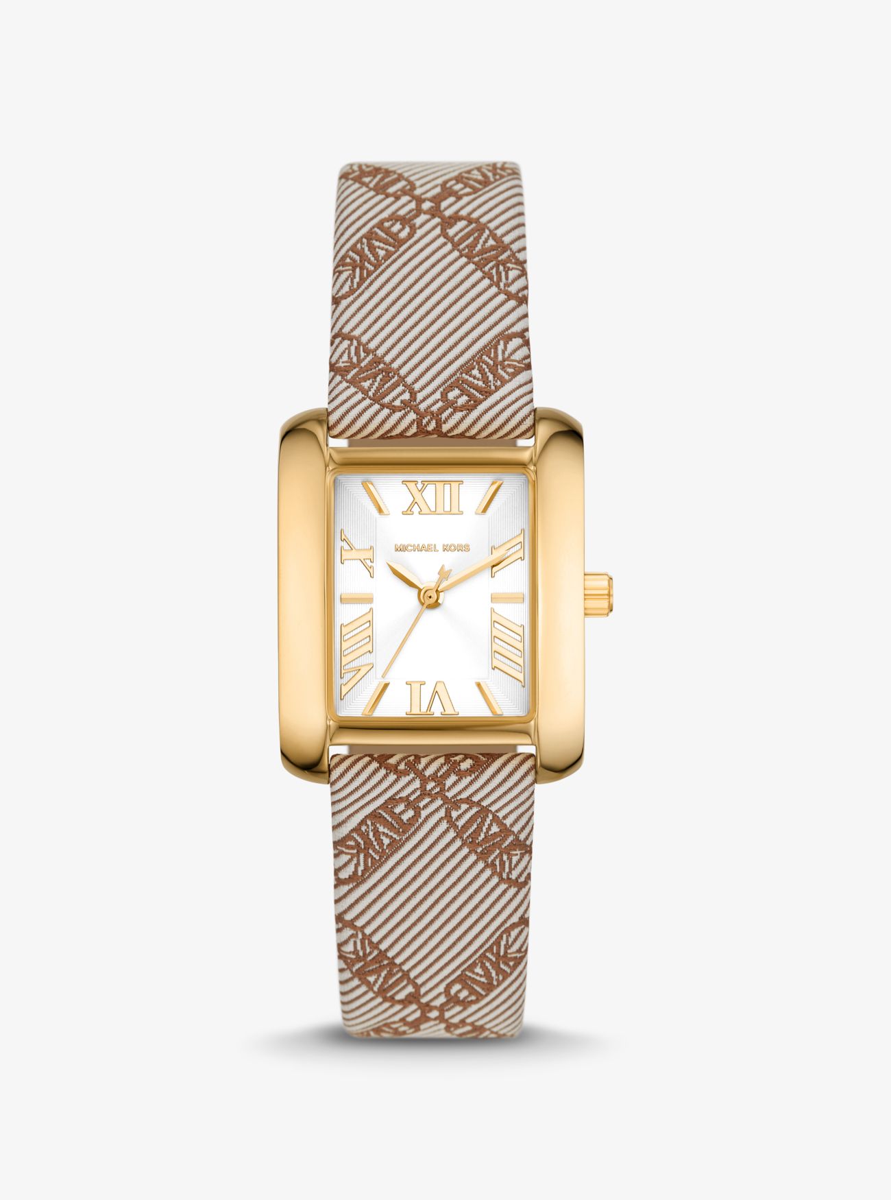 MK Mini Emery Gold-Tone and Empire Logo Jacquard Watch - Luggage Brown - Michael Kors