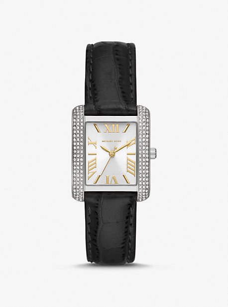 Michael Kors Mini Emery Pavé Silver-tone And Crocodile Embossed Leather Watch In Black