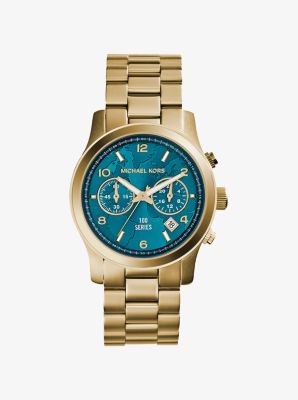 mk gold watch with blue face