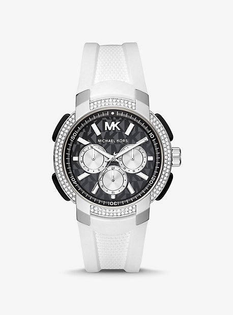 MICHAEL KORS OVERSIZED PAVÉ SILVER-TONE AND SILICONE SPORT WATCH