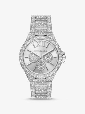 Shop Michael Kors Oversized Camille Pavé Silver-tone Watch