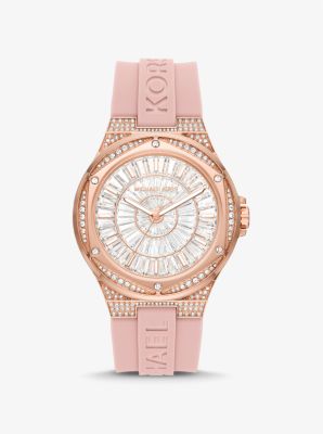 MICHAEL KORS OVERSIZED LENNOX PAVÉ ROSE GOLD-TONE AND SILICONE WATCH