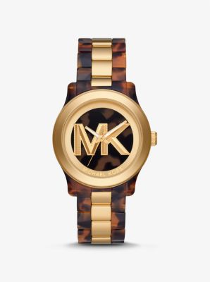 Shop Michael Kors Runway Gold-tone And Tortoiseshell Acetate Watch In Brown