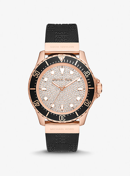 Michael Kors Oversized Slim Everest Pavé Rose-gold Tone And Embossed Silicone Watch In Black
