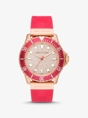 Michael Kors Oversized Slim Everest Pavé Rose-gold Tone And Embossed Silicone Watch In Pink