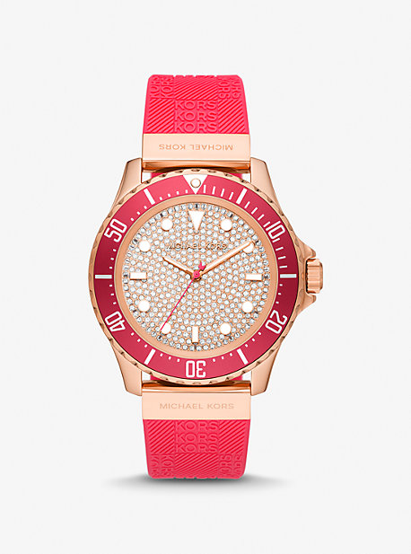 Michael Kors Oversized Slim Everest Pavé Rose-gold Tone And Embossed Silicone Watch In Pink