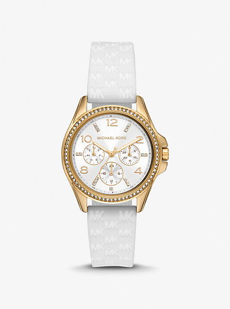Michael Kors Mini Pilot Pavé Gold-tone And Logo Silicone Watch In White