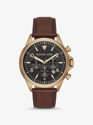 Montre Gage surdimensionnée dorée avec bracelet en cuir - VALISE(MARRON) - Michael Kors