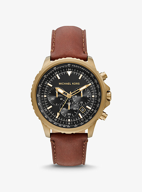 MK Oversized Cortlandt Leather and Antique Gold-Tone Watch - Luggage Brown - Michael Kors