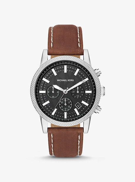 MK Oversized Hutton Silver-Tone and Leather Watch - Luggage Brown - Michael Kors