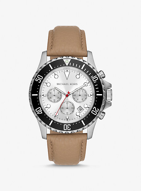 Michael Kors Oversized Everest Silver-tone And Leather Watch In Natural