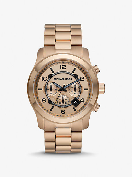 Shop Michael Kors Oversized Runway Beige Gold-tone Watch In Natural