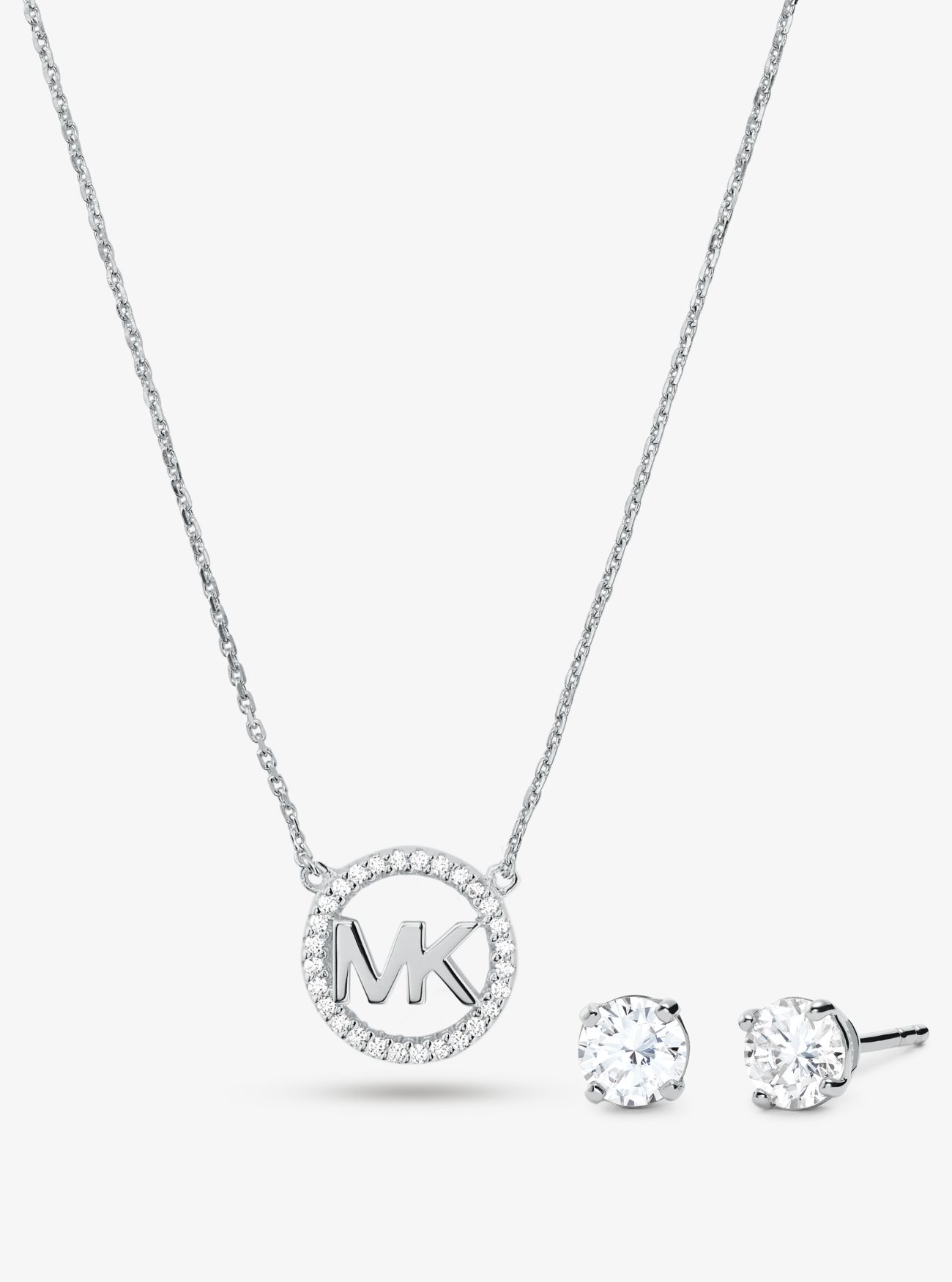 MK 14K Rose Gold-Plated Sterling Silver Pavé Logo Charm Necklace and Stud Earrings Set - Silver - Michael Kors