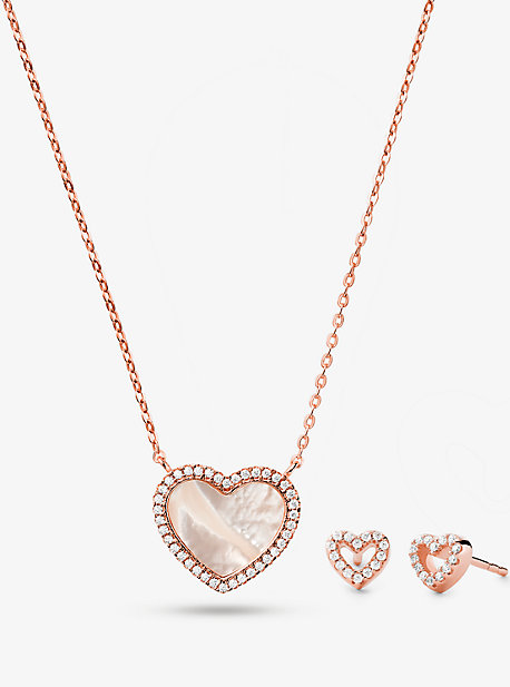 MK Precious Metal-Plated Sterling Silver and PavÃ© Heart Necklace and Stud Earrings Set - Rose Gold - Michael Kors