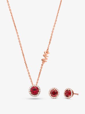 MK 14K Rose Gold-Plated Sterling Silver Stone Halo Necklace and Stud Earrings Gift Set - Rose Gold - Michael Kors