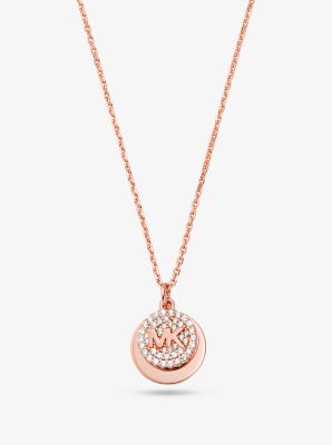 MK Precious Metal-Plated Sterling Silver Pavé Logo Disc Necklace - Rose Gold - Michael Kors