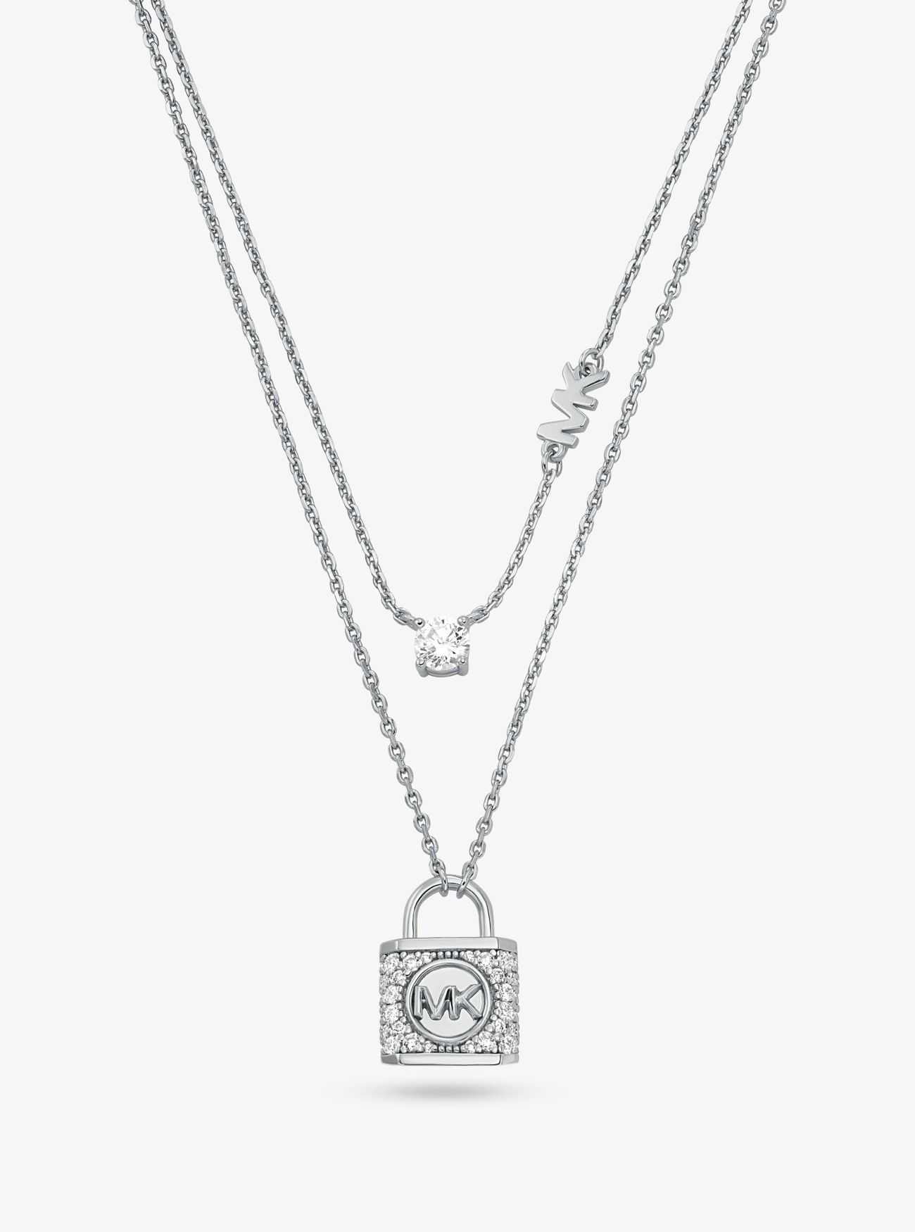 MK Precious Metal-Plated Sterling Silver Pavé Lock Layered Necklace - Silver - Michael Kors
