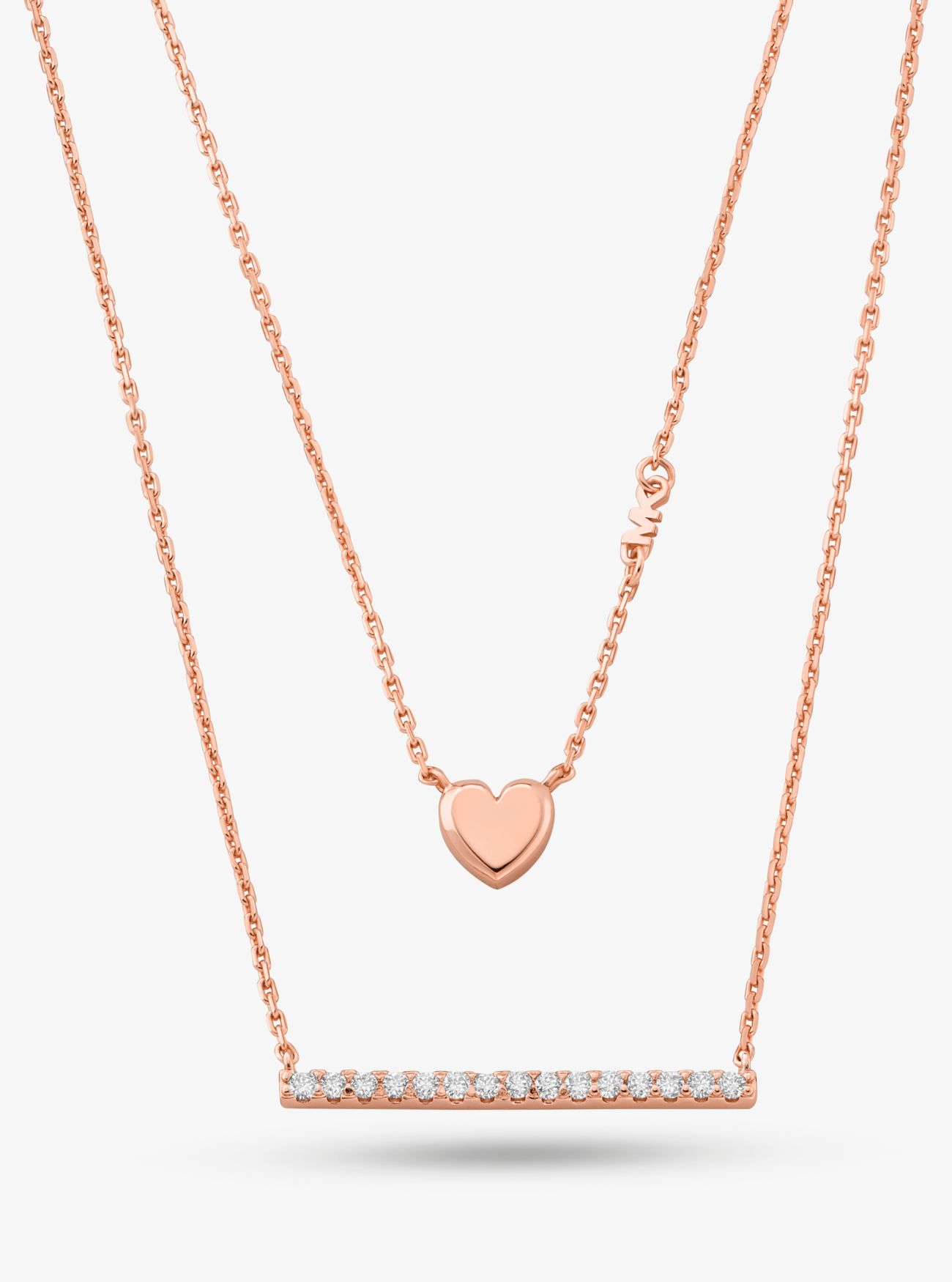 MK Precious Metal-Plated Sterling Silver Double Heart and Pavé Bar Necklace - Rose Gold - Michael Kors