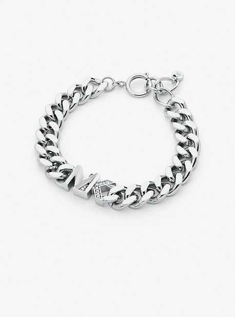 Michael Kors Precious Metal-plated Brass Pavé Logo Curb Link Bracelet In Silver