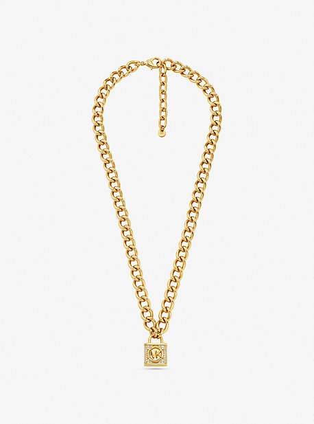 Michael Kors Precious Metal-plated Brass Pavé Lock Necklace In Gold