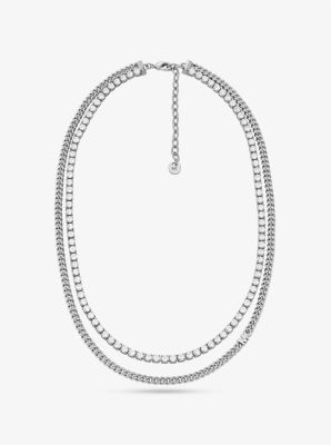 Michael Kors Precious Metal-plated Brass Double Chain Tennis Necklace In Silver