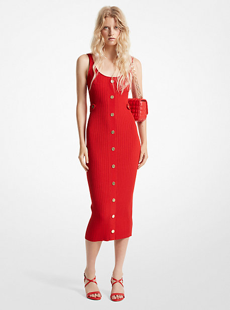 MK Ribbed Stretch Knit Midi Dress - Lacquer Red - Michael Kors