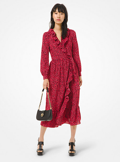 Robe portefeuille à volants en crêpe à motif pétales - NOIR COMBO(NOIR) - Michael Kors