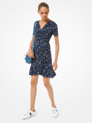 Robe froncée à fleurs en jersey mat - CHAMBRAY(BLEU) - Michael Kors