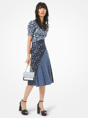 Robe à manches froncées en jersey mat à motifs floraux mélangés - CHAMBRAY(BLEU) - Michael Kors